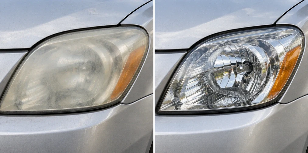Illustrative before and after headlight restoration